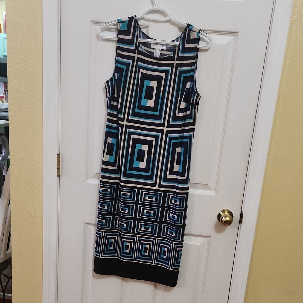 Joseph Ribkoff Blue and Black Geometric Midi Dress